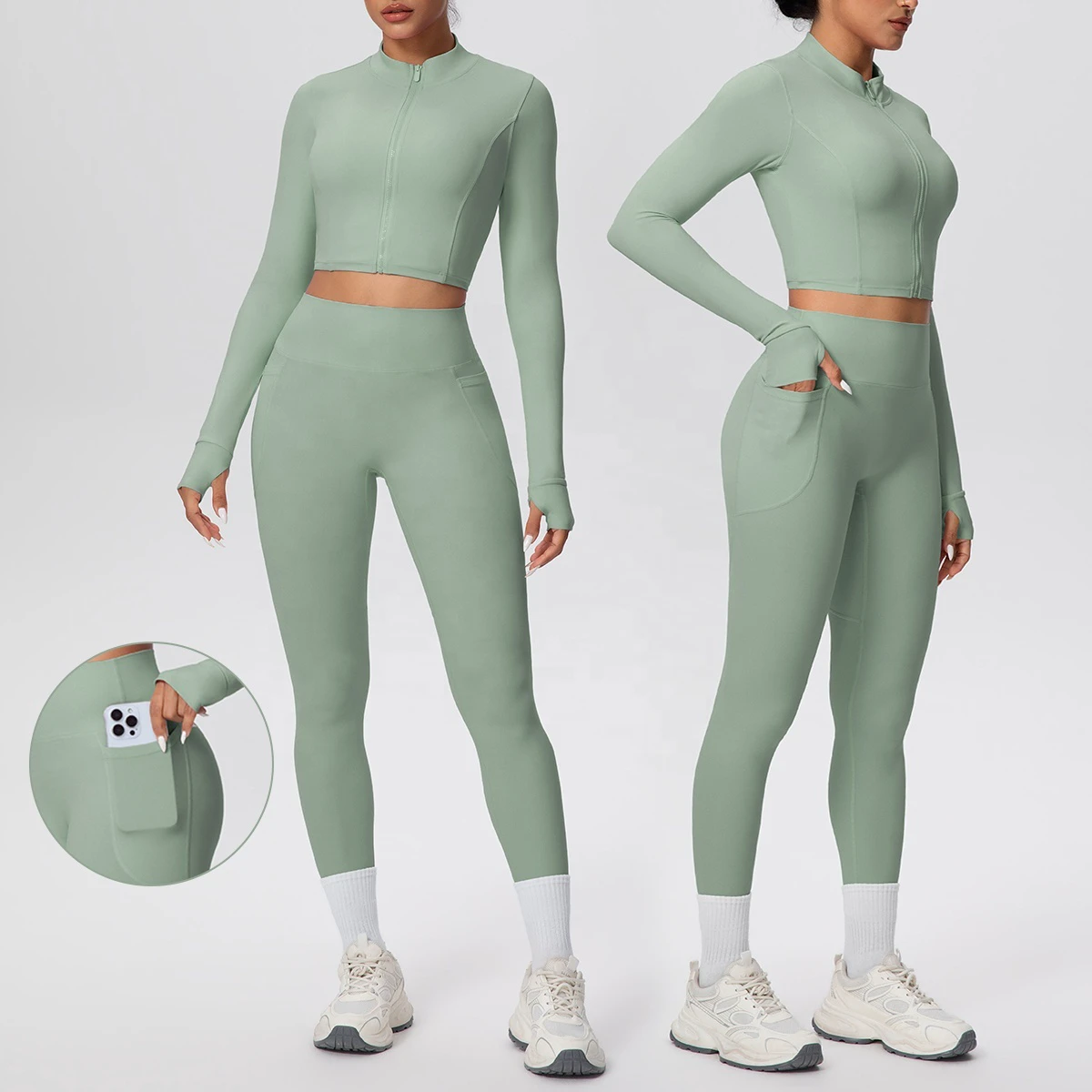 Ready to Ship Yoga Wear Fitness Clothes Women Long Zip up Sleeve Ports Jacket Yoga Sets