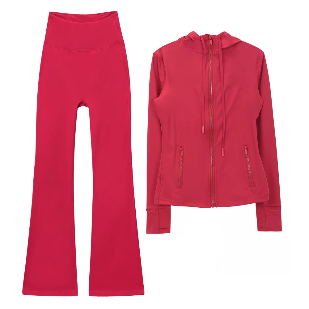 Custom Women's High-Stretch Breathable Solid-Colour Zipper Sports Set Hooded Jacket and Flared Trousers Two-Piece Yoga Set