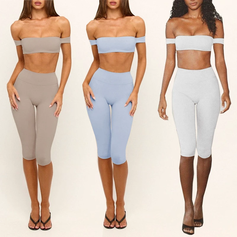 YIYI Wholesale 2pc Off-Shoulder Bandeau Yoga Set with Pad Women High Waist Quick Dry Capri Pants Yoga Set Fitness Yoga Outfit