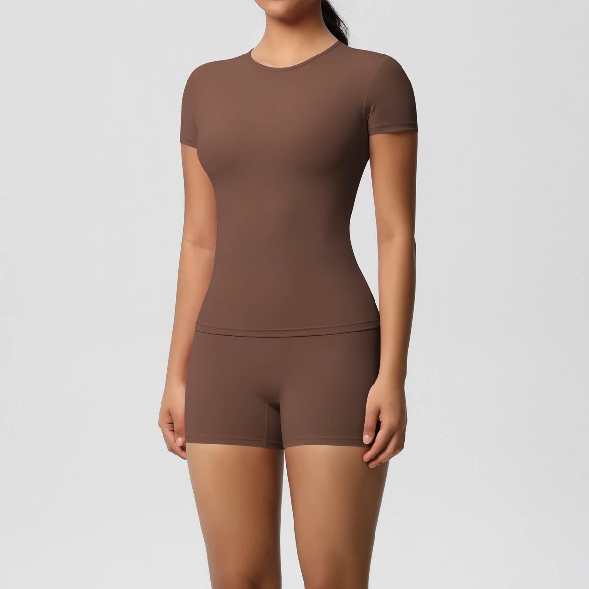 Stock Double-sided Brushed Breathable Solid Color Tight High Elastic 2-Piece Shorts Sports Suit Running Fitness Yoga Clothing
