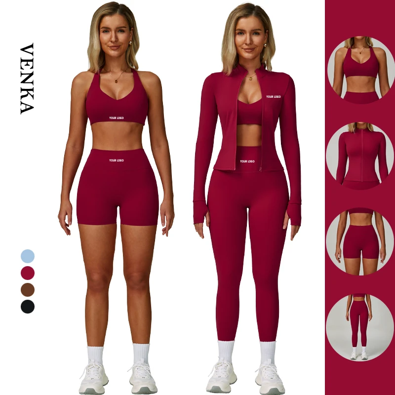 Ladies Athletic Suit Slim Fit Long Sleeve Jacket Sports Bra Gym Fitness Wear High Waist Hip Lift Shorts Leggings Women Yoga Set