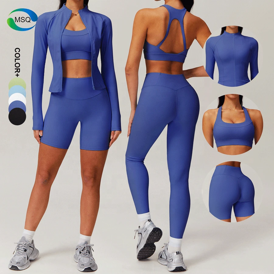 Fitness Sports Gym Wear Private Label 4 Pieces Women Yoga Set Sports Bra With Chest Pad Tummy Control Leggings Jacket Set