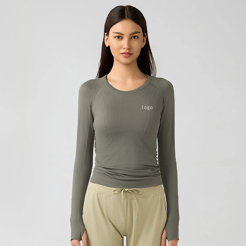 Women's Breathable Long-Sleeved Yoga Sports Top Quick-Drying Fitness Clothing Customized Logo Heat Transfer Printing Solid