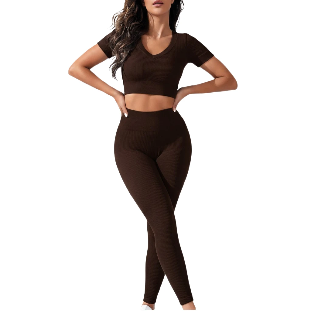 Womens High Waist Seamless Yoga Leggings And Crop Top Gym Fitness Activewear Set For Sports Exercise