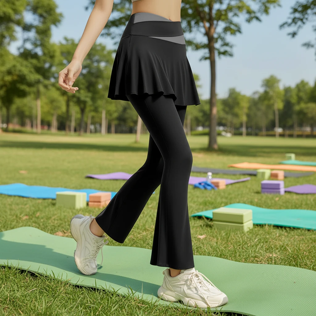 Two-piece High-Waisted Full-Length Yoga Pants Outfit Flared Skirt Combination Elastic Solid Color Spandex/Polyester Quick Dry