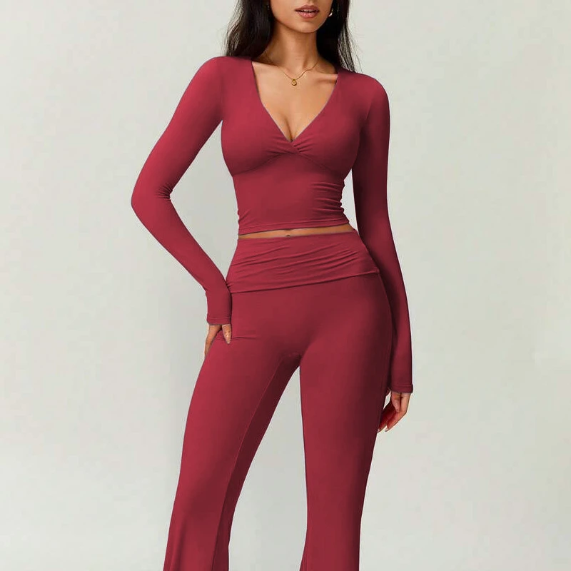 Cross-border New Fashion Elegant Solid Yoga Long-sleeved Top Set Breathable Fitness Sports Pants Pilates Quick-drying Two-piece