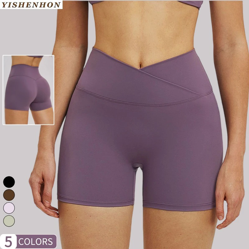 YSH Women's High Waist Crossover Sport Yoga Shorts Breathable Solid Spandex/Nylon Plus Size Gym Workout Running Fitness Short