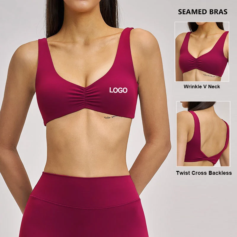New Custom Wholesale Sportswear Active Wear Nylon Wrinkle V Neck Sports Bra Fitness Back Twist Yoga Bra for Women
