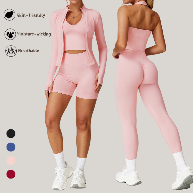 Hot Sale 3-Piece Women's Fitness Gym Sports Workout Clothes High Elasticity Yoga Sets-Long Sleeve Jacket High Waist Leggings