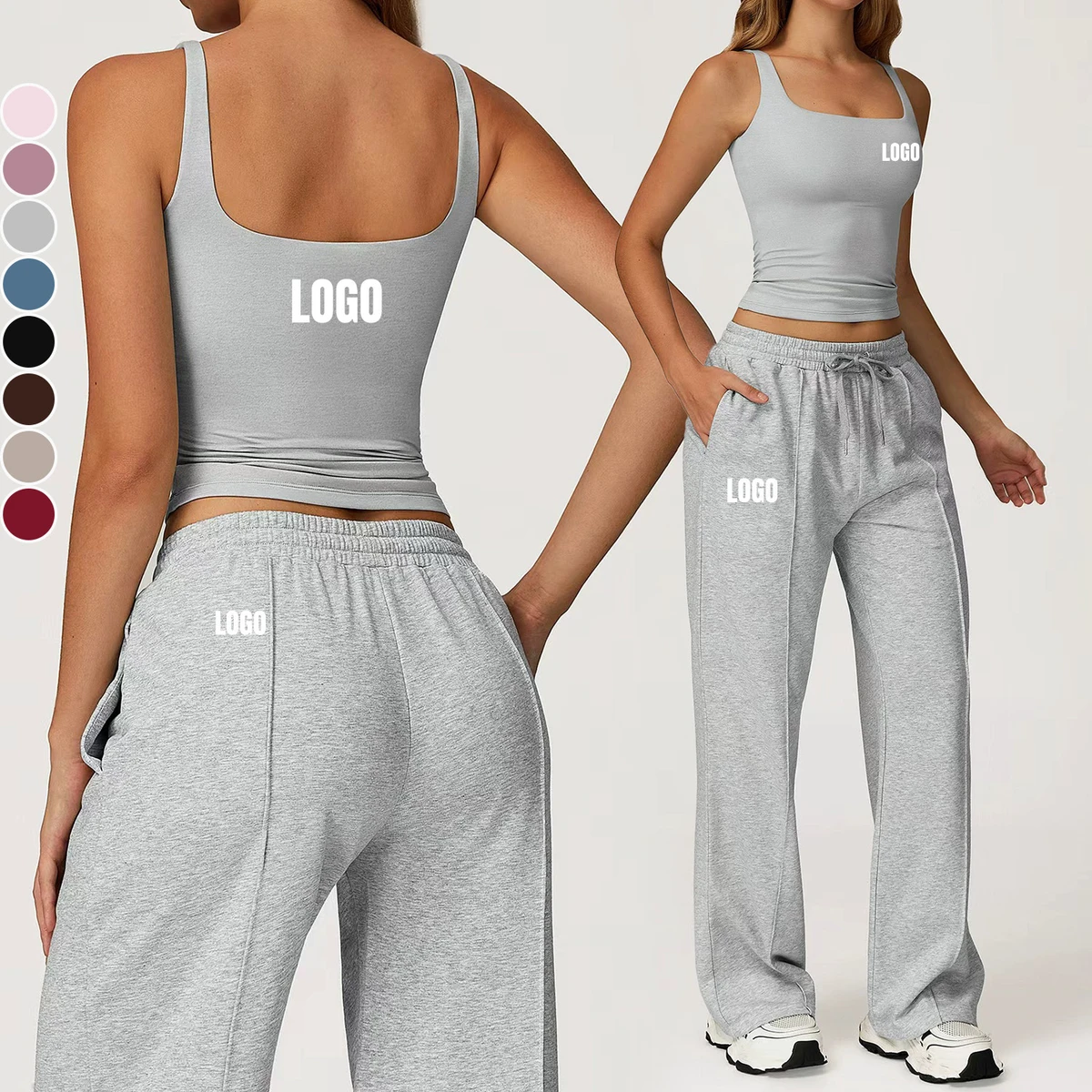 Custom Women's Quick Dry Backless Sports Fitness Sets Breathable Yoga Tank Top Loose Wide Leg Sweatpants Womens Running Gym Sets