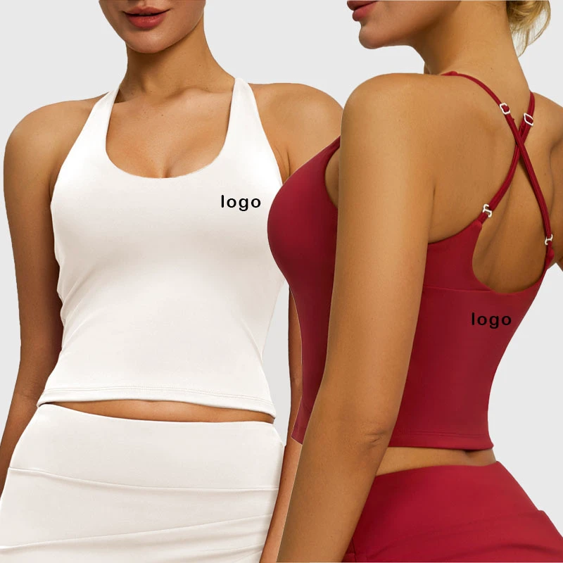 Women Round Neck Breathable Fitness Workout Tank Top With Built-in Sports Bra Front Logo Yoga Tops