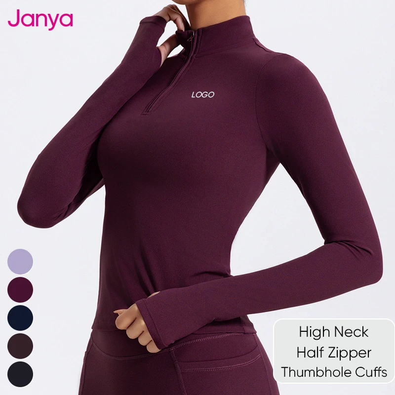 Janya Custom Logo Sportswear Women Thumb Holes Long Sleeves Yoga Shirts Slim Fit Half Zipper Stand Collar Breathable Sports Tops