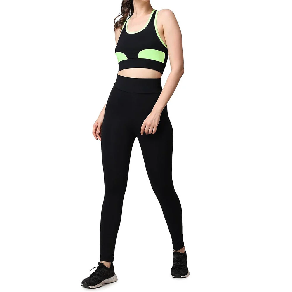 High Waist Yoga Set 2 Piece Women Workout Clothes Seamless Ribbed Leggings and Sports Bra Neon Patchwork Gym Fitness Activewear