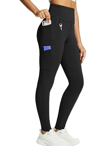 High Waisted Knitted Leggings for Women Full Length Solid Color Sporty Yoga Running Pants with Pockets Stretch Breathable