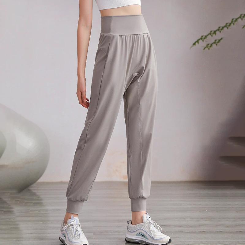 Autumn Winter Solid Color Super Elastic Breathable 220g Nylon High Waist Yoga Sports Pants Women's Loose Leg Running Fitness
