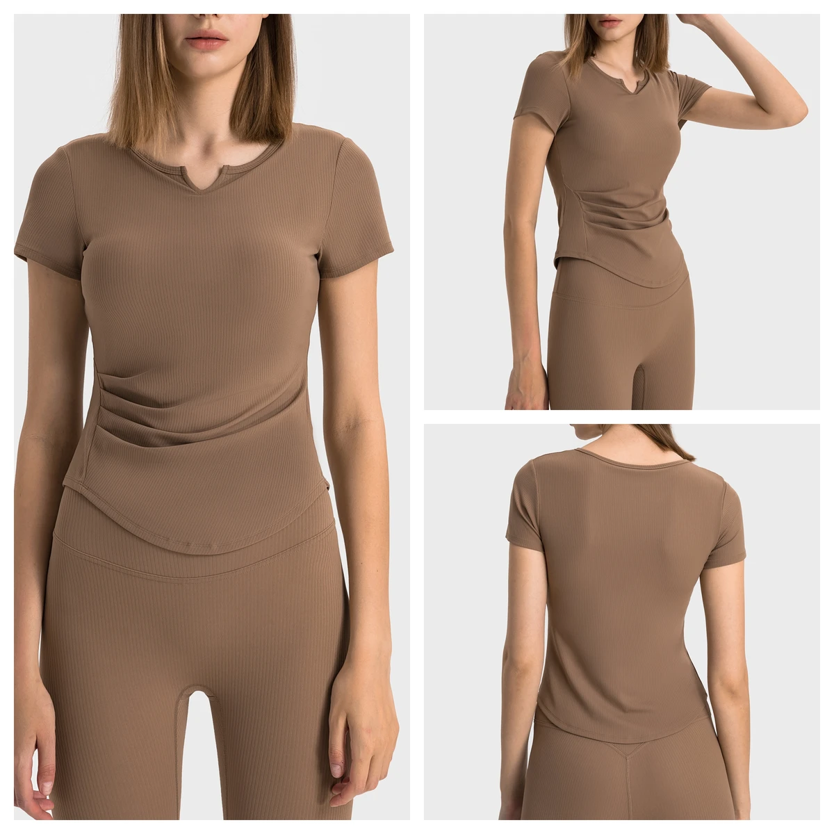 YNSEA OEM Womens V Neck Short Sleeve Padding Side Pleated Tops Athletic Yoga Gym Pilate Dancing Slim Fit Quick Dry Shirt