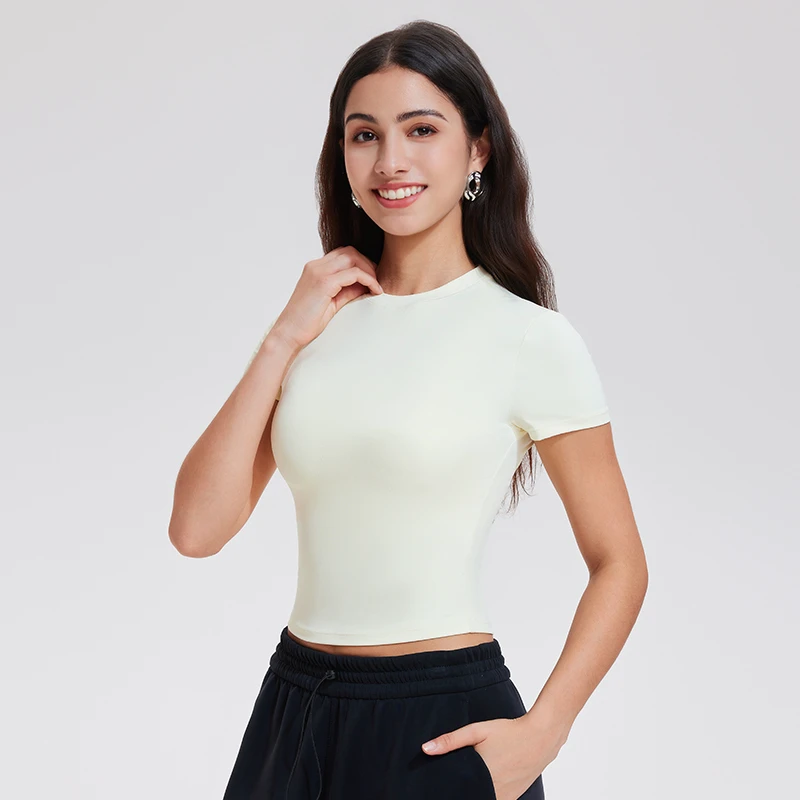 Summer Female Skinny Crop Top Shirts Naked Feeling Slim Fit Sexy Short Sleeve T-Shirt Blank Plain Yoga T-Shirt Size Sexy