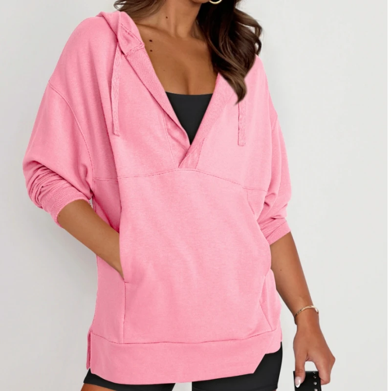Aoyema Trendy Design New Casual Autumn Yoga Top V-neck Drawstring Hoodies Shirt Lightweight Active Wear Solid Woman Long Sleeves