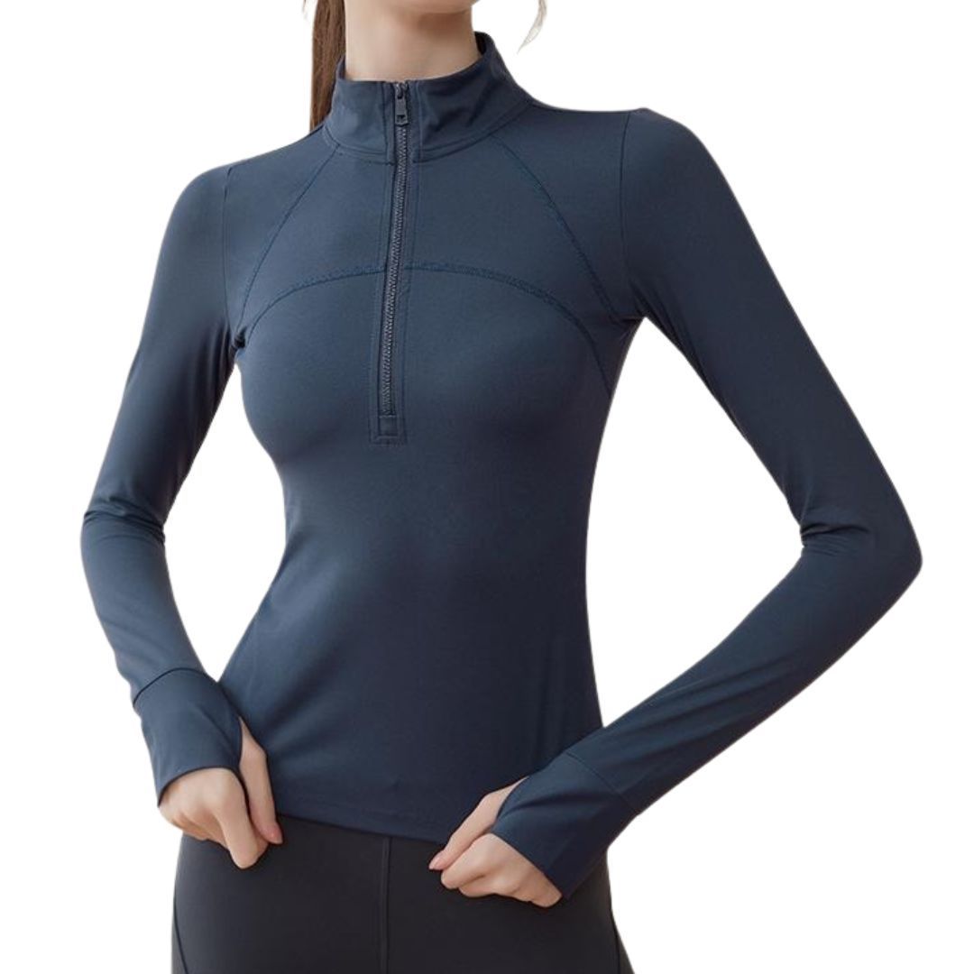 Navy Blue Half Zip Women Yoga Top Long Sleeve Workout Mock Neck Slim Fit Breathable Lightweight High Elasticity Athletic Gym