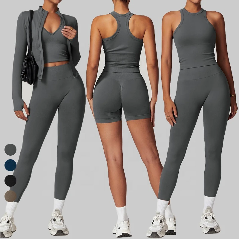 Private Label Women's Ribbed Seamless Yoga Sets 5 Pcs Free Matching Workout Outfits Stretchy Sports Apparel Gym Fitness Set