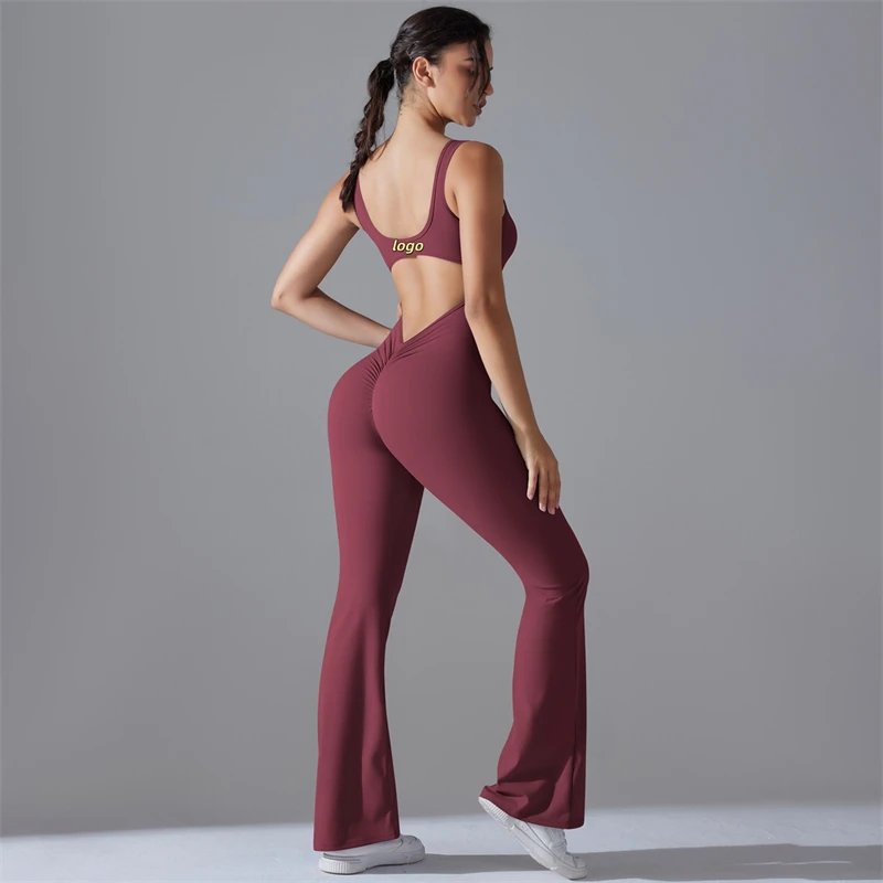 High Quality Women Gym Sport Elastic Waist Yoga Jumpsuit V-back Scrunch Full Length Quickly Dry Breathable Fitness Bodysuits