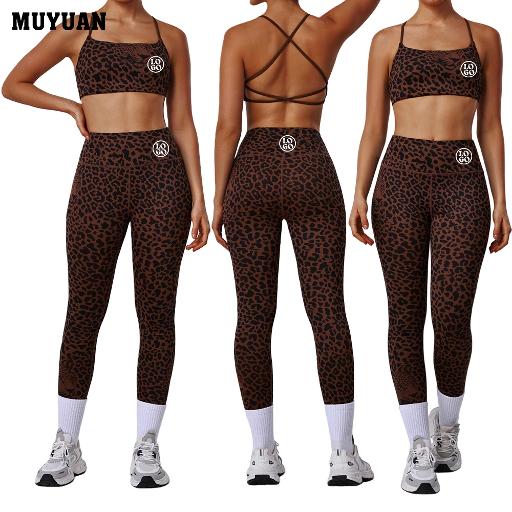 Leopard Print High Waist Yoga Pants Butt Lift Fitness Leggings Matching Sports Bra Workout Set for Women Gym Running