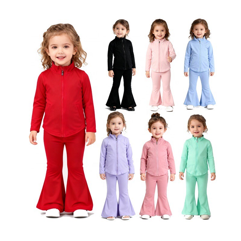 Girls Yoga Set Kids Clothing Long Sleeve Zip Jacket High Waist Leggings Breathable Fitness Wear Sportswear Wholesale