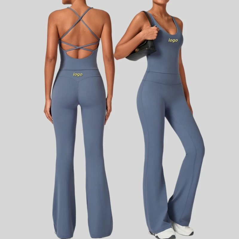 Custom logo Women Cross Straps Backless Vest Matching High Waist Flared Leg Pants Gym Yoga Running Fitness Wear 2pcs Sets