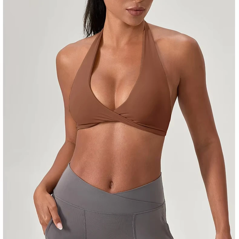 Women High Support Soft Breathable Nylon Yoga Sports Bra Halter Backless with Removable Pads for Fitness Gym Stylish Running Bra