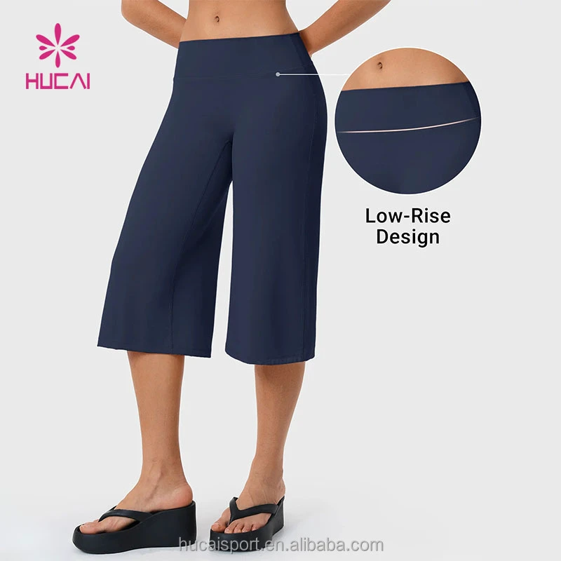 ODM HUCAI Custom Logo Breathable Summer Nylon Spandex Casual Loose-Fit Knee-Length Low Rise Yoga Wide Leg Capri Pants for Women