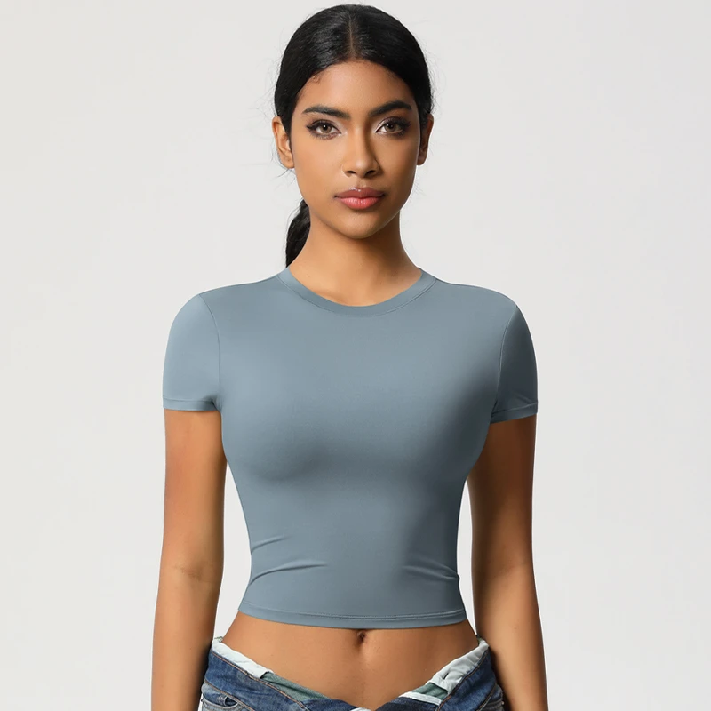 Custom Athletic Wear Women Round Neck Slim Fit High Elastic Fitness Crop Tops Quick Dry Workout Ladies Yoga Short Sleeve T Shirt