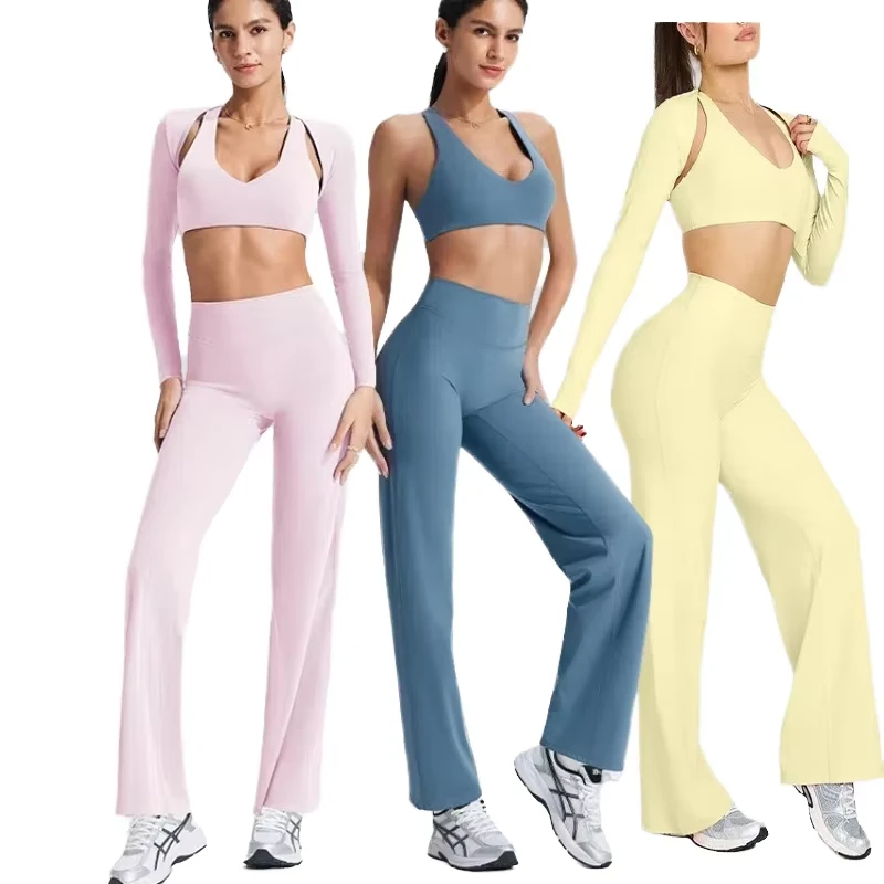 Women's Yoga Long Sleeve T-shirt Back Hollow Out Tight-fitting With Chest Pads Elastic Breathable Fitness Sports Leggings Sets