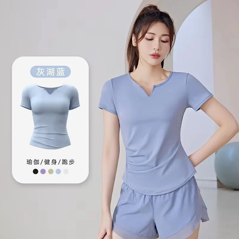Women Yoga Short Sleeve Shirt V Neck Waist Pleated Quick Dry Fabric Gym Yoga Training Activewear Shirt