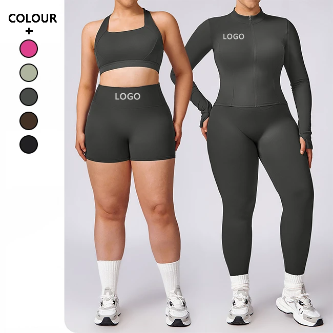 Xl Xxl 3xl 5 Piece Plus Size Yoga Clothes High Elasticity Women Long Sleeves Running Leggings Gym Tight Sport Bra Fitness Shorts