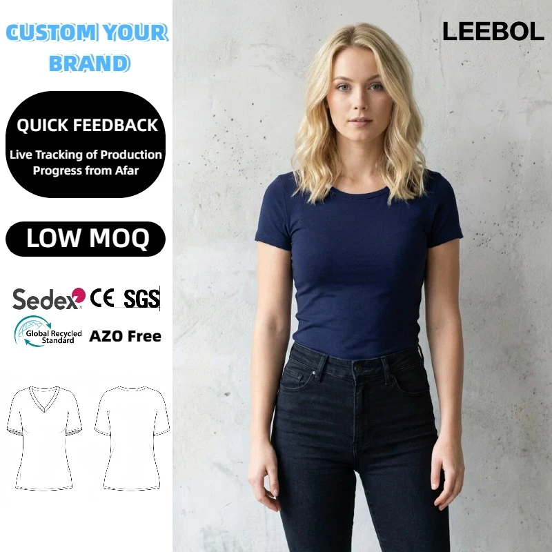 Navy Elastic Plain Round O Neck Slim Fit Crop Hollow Out Custom Graphic Printing Women 180G T-Shirts for Ladies