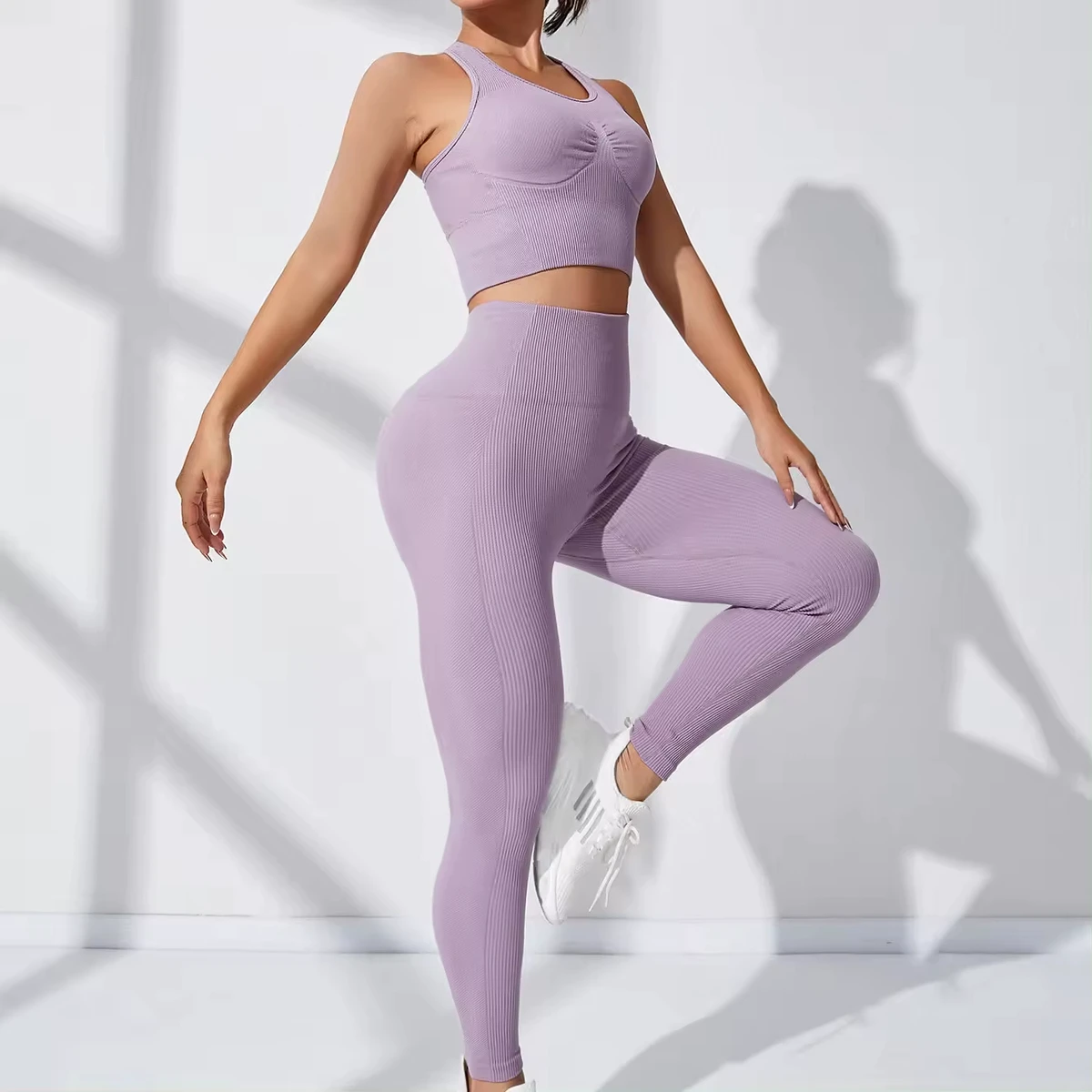 Women's Custom Scrunch Butt Gym Active Wear Seamless Pleated Yoga Set Racerback Vest 90% Nylon 10% Spandex 2 Workout Waist