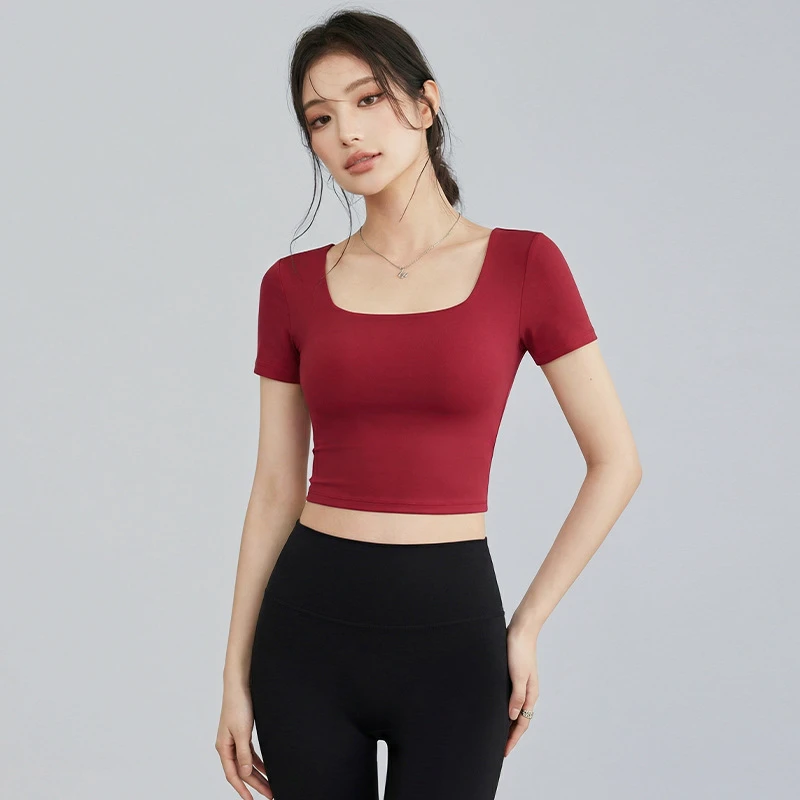 Women's Square Neck Cross Wrap Back Built-in Pads Slim Cropped Short Sleeve Soft Stretch Yoga Fitness Workout Sports Top