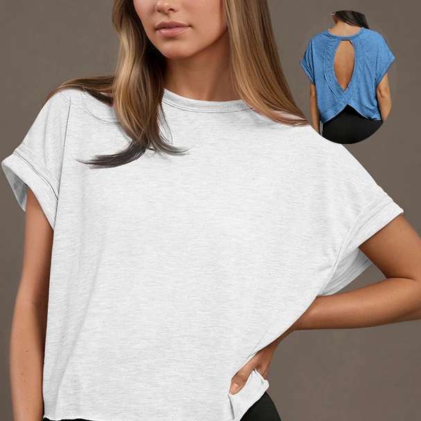 YY Wholesale Summer Open Back Workout Tops for Women Loose Fit Athletic Crop Tee Quick Dry Short Sleeve Gym Running Yoga Shirt