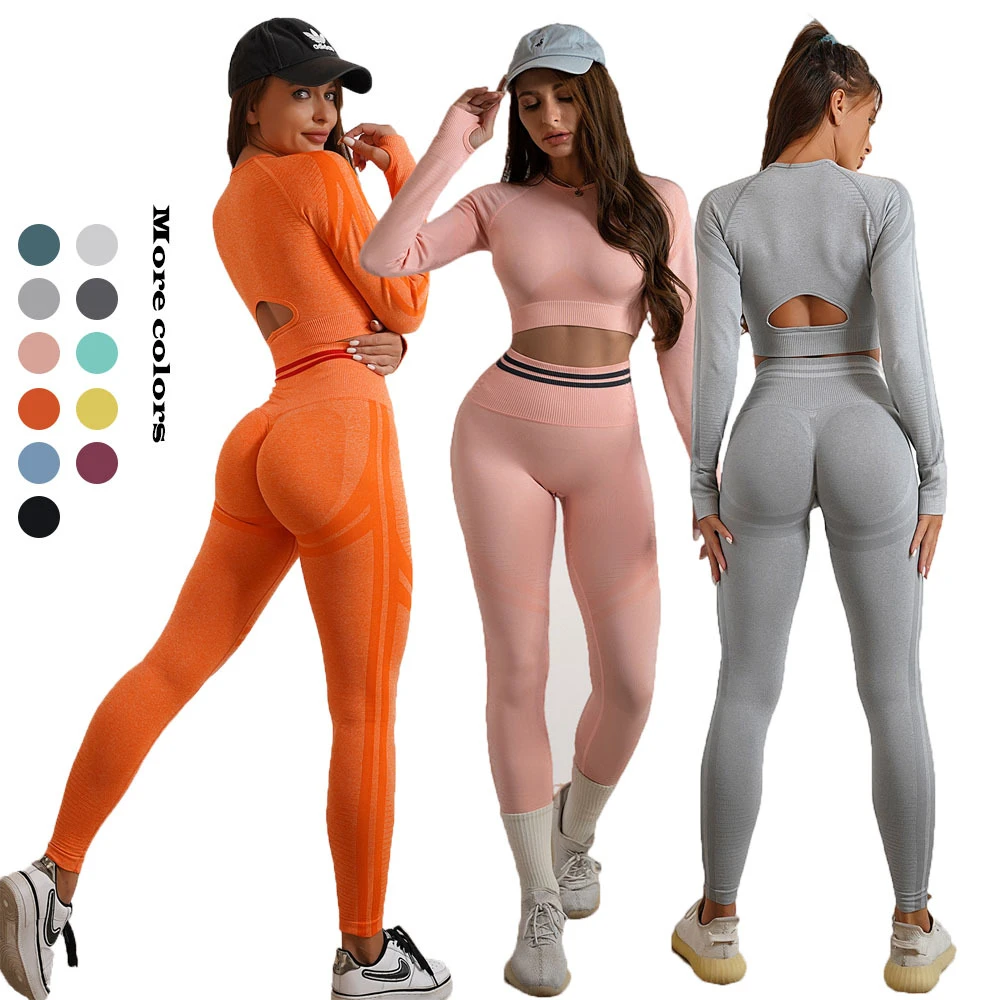 Joyyoung Seamless Yoga Set Women Long Sleeve Thumbhole Crop Top High Waisted Contouring Leggings Gym Fitness Workout Clothes