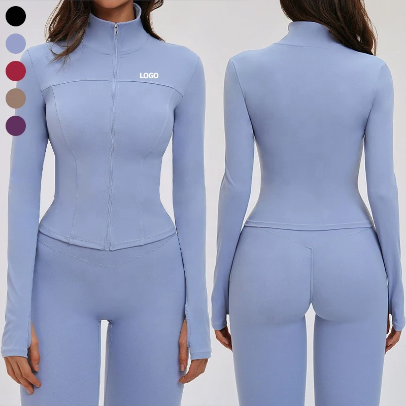 Women's Stand Collar Long Sleeve Compression Yoga Top Full Zip up Breathable 4-way Stretchy Workout Jacket with Thumb Holes