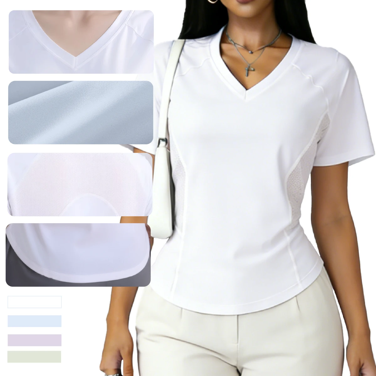 Women's Lightweight Summer Sports T-Shirt New Style Breathable V-neck Four-Way Stretch Short Sleeve Fitness Yoga Wear Front Mesh
