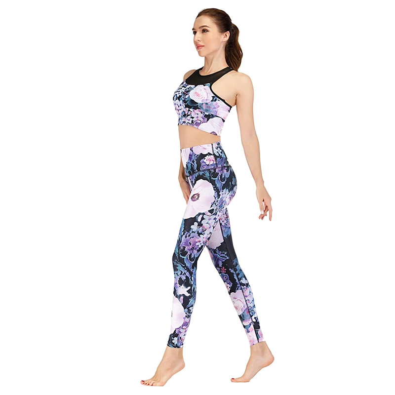 Women's Breathable Quick Dry Yoga Sets Solid Pattern 2-Piece Set Elastic Waist Front Logo Gym Fitness Wear