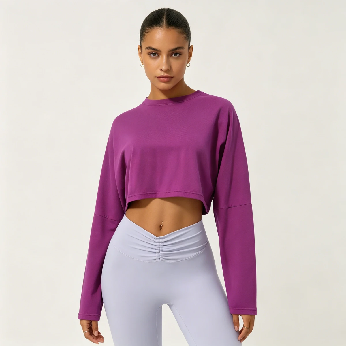 Hot Selling In Stock Quick Dry Breathable Loose Crew Neck Cropped Long Sleeve Women Yoga Tops For Workout Running Casual Wear