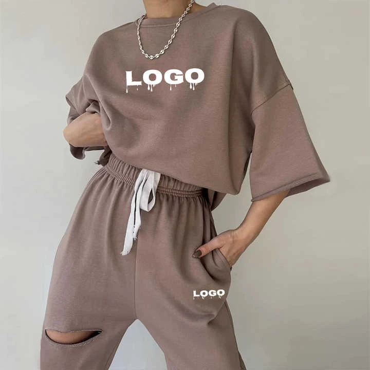 Manufacturers Women's Solid Casual Knitting Clothing Set Two-piece Crop Top T-shirt Pants Plus Size Regular Loungewear Hollow