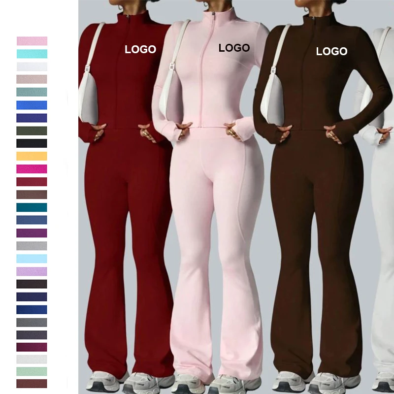 Custom Women Solid High Waist Zipper Long Sleeve Jacket Flares Leggings Yoga Set Gym Fitness Activewear Workout Running