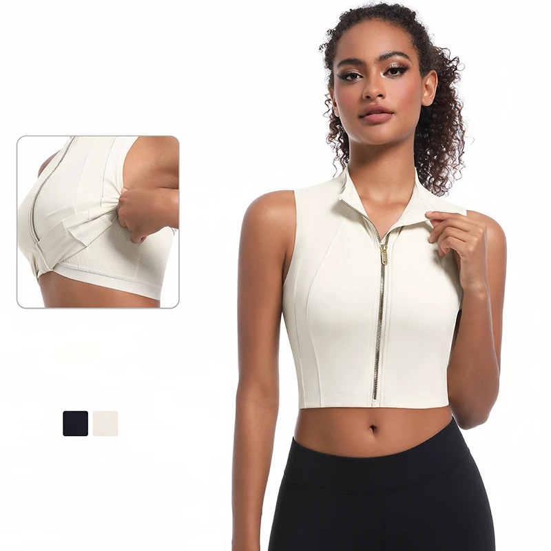 New Design High Neck Zipper Double Layer Tight High Strength Shockproof Vest Outdoor Fitness Gym Women Yoga Tank Top
