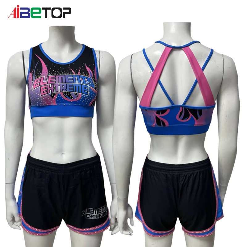 Custom Logo Children's Girls T-Back Rhinestone Cheer Practice Wear 2-Piece Sublimation Crop Top Training Shorts for Cheer Teams