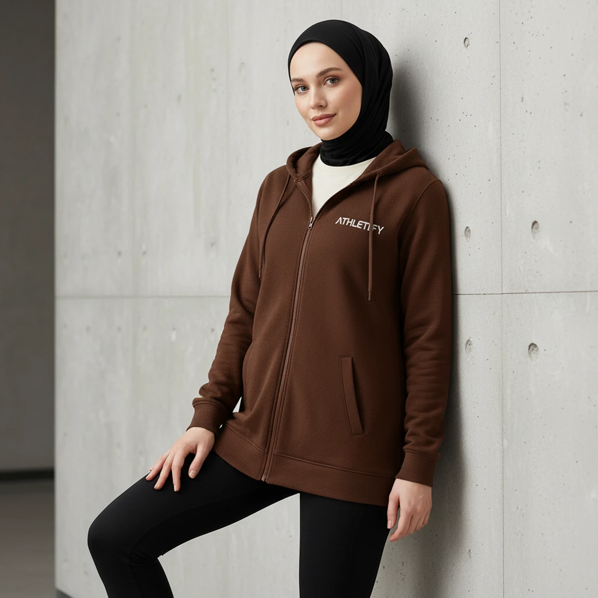 Muslim Women Plus Size Long Hooded Zip Activewear Jacket Eco-Friendly Breathable Modest Sportswear Loose Outer Layer Gym