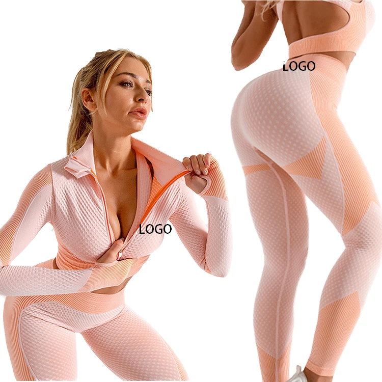 Hot Sale Seamless Solid Women's Breathable Elastic Waist 3-Piece High-Waisted Fitness Yoga Gym Jogging Running Leggings Tops Set