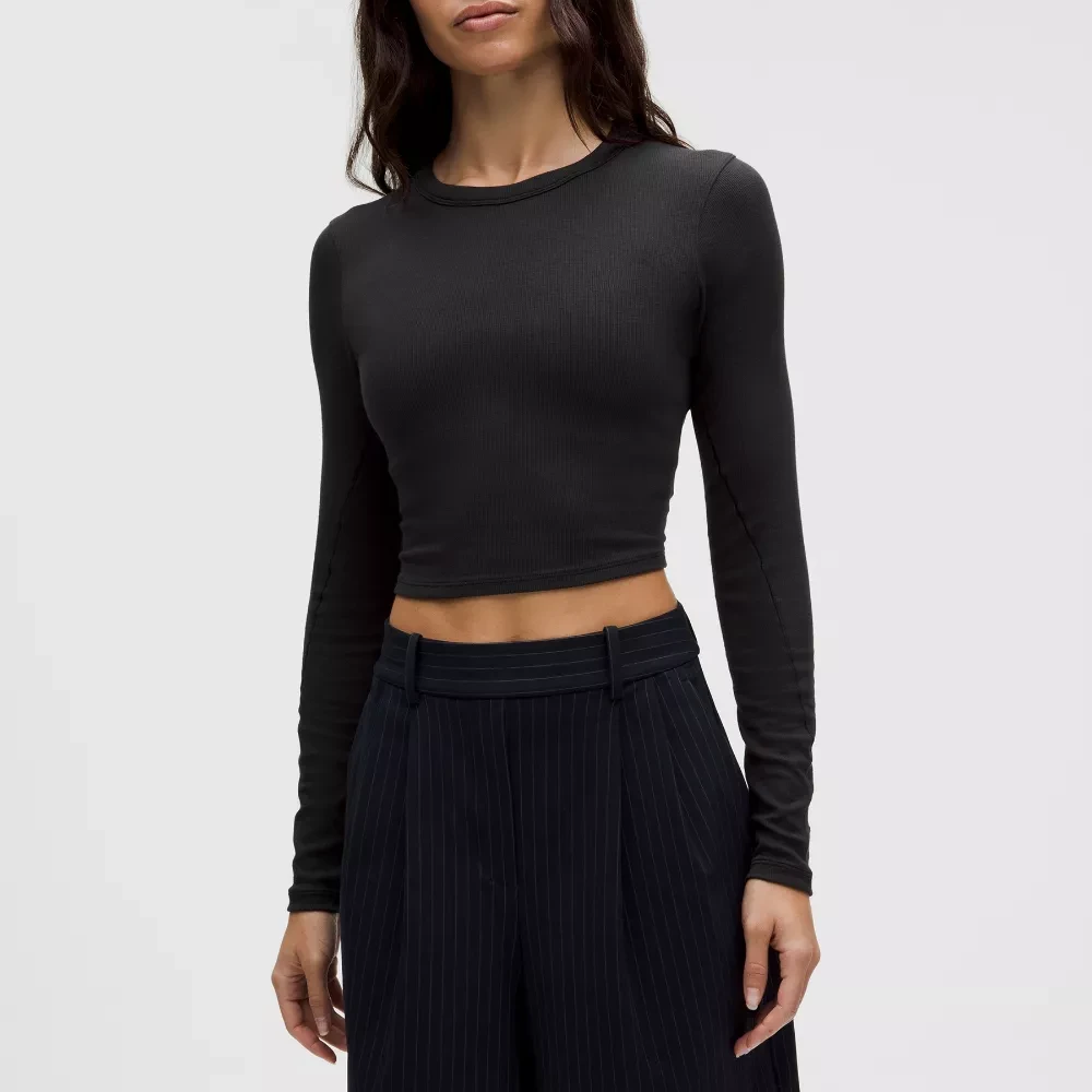 Active Women's Breathable 100% Polyester Windproof Winter Crop Top Bow Seamless Long Sleeve Yoga Tops